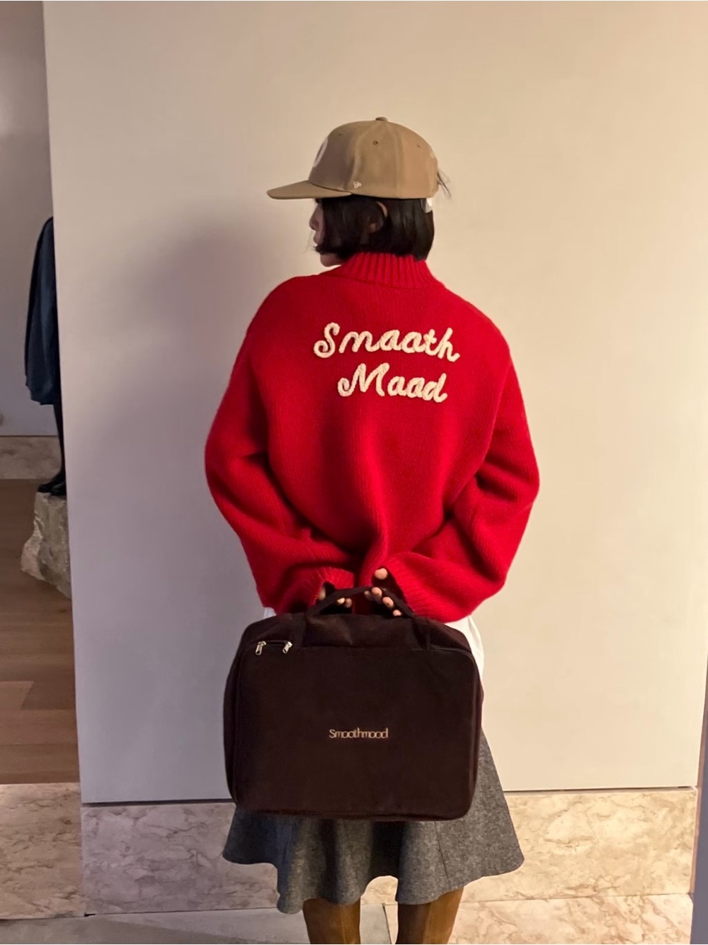 Korean Red Knit Sweater with Script Back